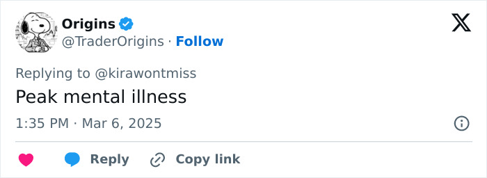 Tweet reply screenshot with text: "Peak mental illness", related to controversy over adult star and elderly men. Tweet reply screenshot with text: "Peak mental illness", related to controversy over adult star and elderly men.