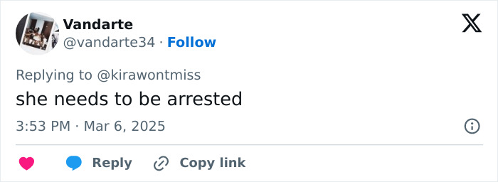 Comment criticizing adult star with "she needs to be arrested" text. Comment criticizing adult star with "she needs to be arrested" text.