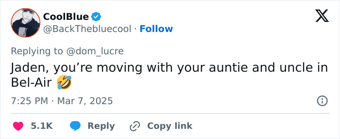 Tweet referencing Jaden with a humorous comment about moving to Bel-Air. Tweet referencing Jaden with a humorous comment about moving to Bel-Air.