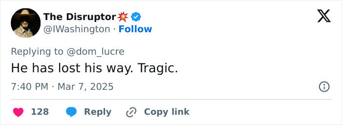 Tweet expressing concern over Jaden's appearance, stating "He has lost his way. Tragic. Tweet expressing concern over Jaden's appearance, stating "He has lost his way. Tragic.