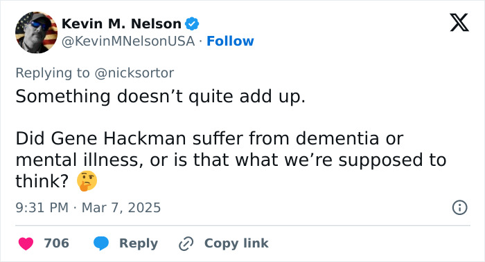 Tweet questioning Gene Hackman's awareness of wife's passing and mental health. Tweet questioning Gene Hackman's awareness of wife's passing and mental health.