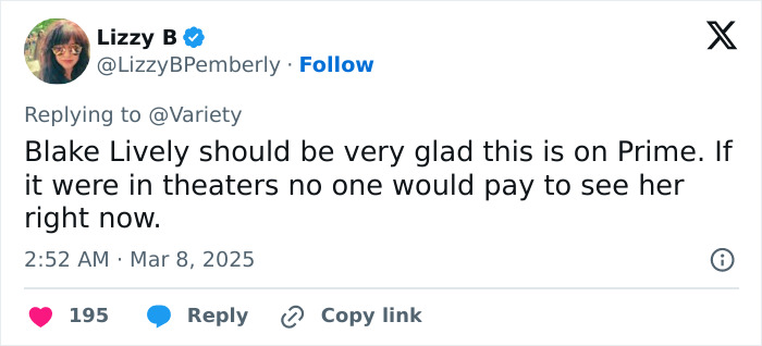 Tweet from Lizzy B criticizing Blake Lively's movie, referencing "Team Baldoni". Tweet from Lizzy B criticizing Blake Lively's movie, referencing "Team Baldoni".
