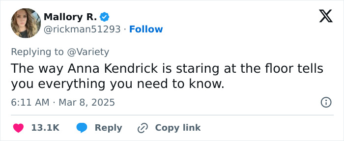 Tweet about Anna Kendrick's body language from Team Baldoni event, gaining attention from fans. Tweet about Anna Kendrick's body language from Team Baldoni event, gaining attention from fans.