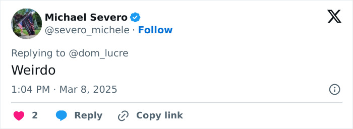 Social media comment calling someone a "Weirdo" in response to a video. Social media comment calling someone a "Weirdo" in response to a video.