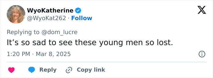 Tweet expressing concern over young men feeling lost. Tweet expressing concern over young men feeling lost.