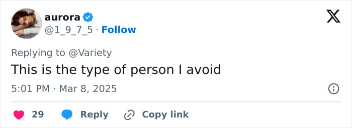 Tweet from user saying, "This is the type of person I avoid," related to Team Baldoni topic. Tweet from user saying, "This is the type of person I avoid," related to Team Baldoni topic.