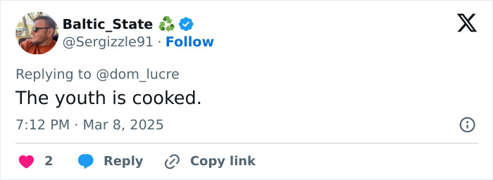 Tweet reading "The youth is cooked" by user @Sergizzle91, related to Jaden's strange appearance. Tweet reading "The youth is cooked" by user @Sergizzle91, related to Jaden's strange appearance.
