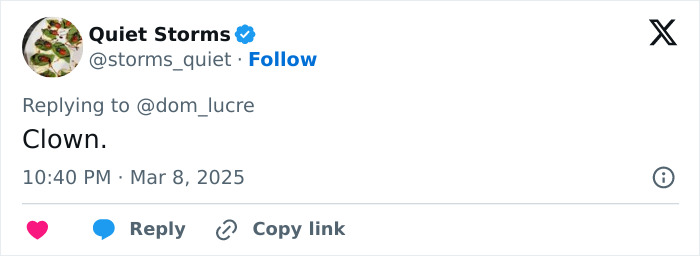 Tweet by Quiet Storms calling someone a "Clown" with a timestamp. Tweet by Quiet Storms calling someone a "Clown" with a timestamp.