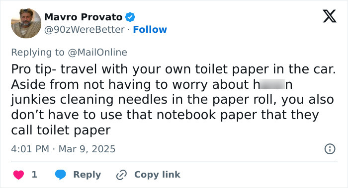 Tweet warning about hidden needle marks in public restrooms' toilet paper. Tweet warning about hidden needle marks in public restrooms' toilet paper.