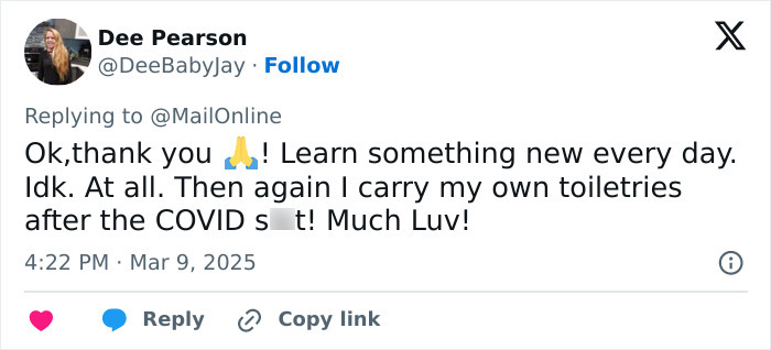 Tweet about carrying personal toiletries due to hidden needle marks in public restrooms' toilet paper. Tweet about carrying personal toiletries due to hidden needle marks in public restrooms' toilet paper.
