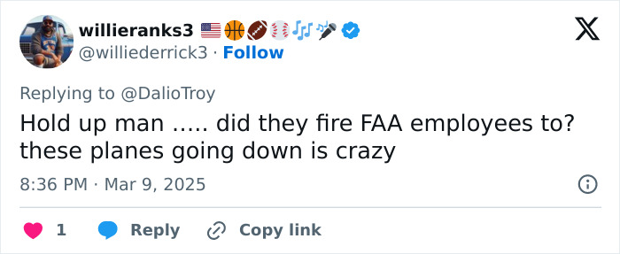 A tweet about multiple plane crashes and concerns over FAA employees. A tweet about multiple plane crashes and concerns over FAA employees.