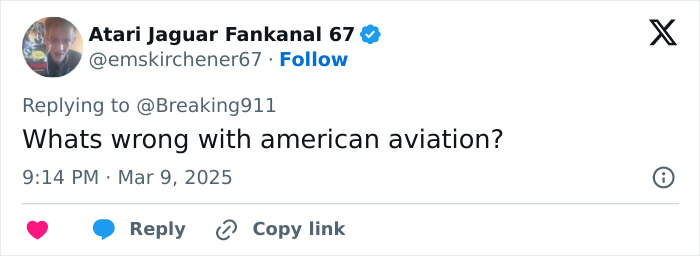Social media post questioning American aviation amid a small plane crash in Pennsylvania suburb. Social media post questioning American aviation amid a small plane crash in Pennsylvania suburb.