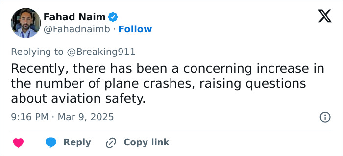 Tweet discussing rise in plane crashes and aviation safety concerns. Tweet discussing rise in plane crashes and aviation safety concerns.