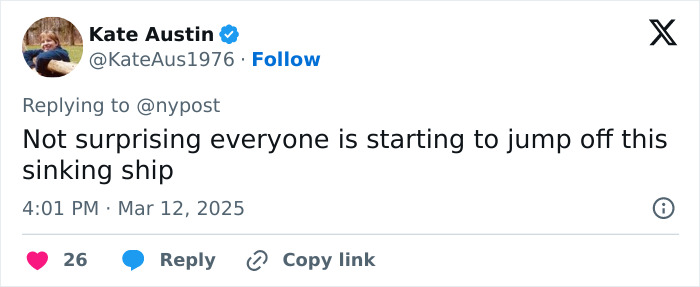 Tweet by Kate Austin about Meghan Markle's ex-ally allegations, noting a sinking ship situation. Tweet by Kate Austin about Meghan Markle's ex-ally allegations, noting a sinking ship situation.