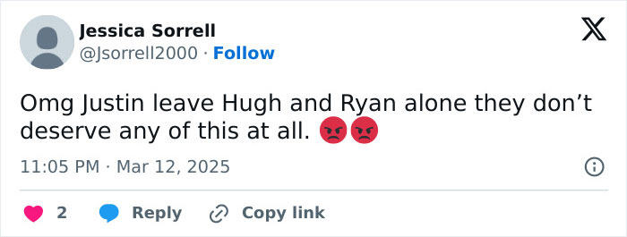 Jessica Sorrell tweets about Hugh Jackman and legal drama, expressing frustration with angry face emojis. Jessica Sorrell tweets about Hugh Jackman and legal drama, expressing frustration with angry face emojis.