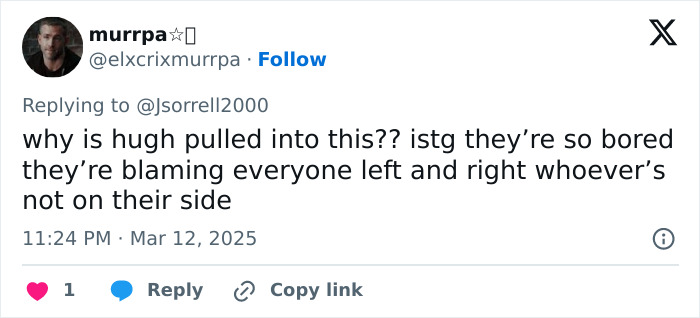 Tweet questioning Hugh Jackman's involvement in Blake Lively's legal drama with fan frustration expressed. Tweet questioning Hugh Jackman's involvement in Blake Lively's legal drama with fan frustration expressed.