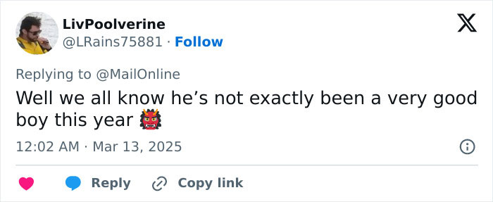 Tweet discussing recent events, possibly involving Hugh Jackman and legal drama, with a devil emoji. Tweet discussing recent events, possibly involving Hugh Jackman and legal drama, with a devil emoji.