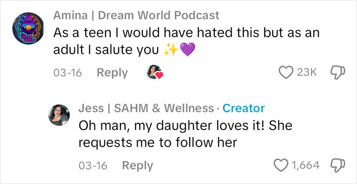 Comments discussing a mom following her daughter on 5k runs, with positive reactions. Comments discussing a mom following her daughter on 5k runs, with positive reactions.