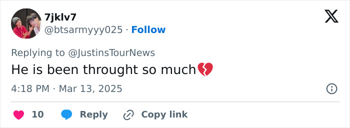 Tweet expressing sympathy for Justin Bieber's emotional state with a heartbroken emoji. Tweet expressing sympathy for Justin Bieber's emotional state with a heartbroken emoji.