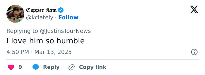 Twitter reply mentioning Justin Bieber, expressing admiration for his humility. Twitter reply mentioning Justin Bieber, expressing admiration for his humility.