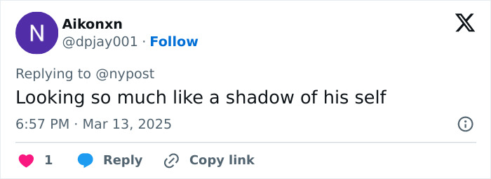 Tweet about Justin Bieber looking like a shadow of himself, posted by user Aikonxn. Tweet about Justin Bieber looking like a shadow of himself, posted by user Aikonxn.