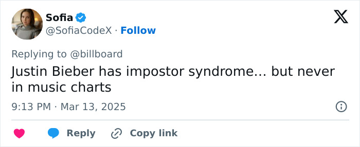Tweet discussing Justin Bieber and impostor syndrome in relation to music charts. Tweet discussing Justin Bieber and impostor syndrome in relation to music charts.