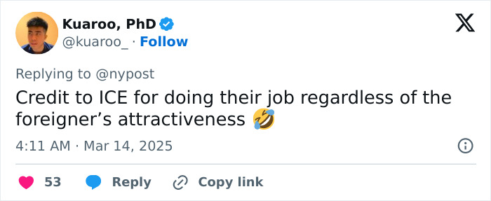 Tweet discussing ICE actions after American Pie star release, with laughing emoji. Tweet discussing ICE actions after American Pie star release, with laughing emoji.