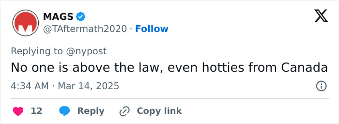 Tweet stating "No one is above the law, even hotties from Canada," related to American Pie star's ICE release. Tweet stating "No one is above the law, even hotties from Canada," related to American Pie star's ICE release.
