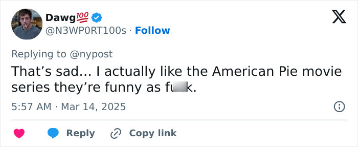 Tweet expressing sadness over 'American Pie' star's situation with ICE, praising the movie series. Tweet expressing sadness over 'American Pie' star's situation with ICE, praising the movie series.