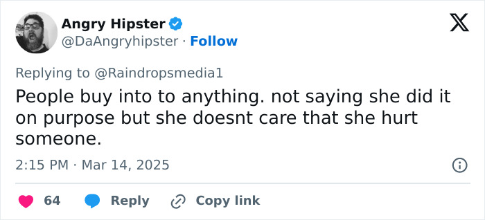 Tweet about the track star involved in baton assault case, discussing public perception and her alleged indifference. Tweet about the track star involved in baton assault case, discussing public perception and her alleged indifference.