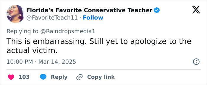 Tweet criticizing track star over baton assault charges, mentioning lack of apology to victim. Tweet criticizing track star over baton assault charges, mentioning lack of apology to victim.