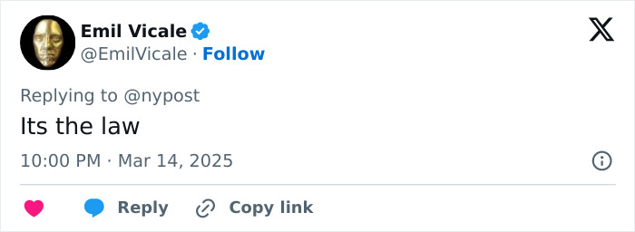 Tweet from Emil Vicale, responding to @nypost, stating "Its the law," related to American Pie star news. Tweet from Emil Vicale, responding to @nypost, stating "Its the law," related to American Pie star news.