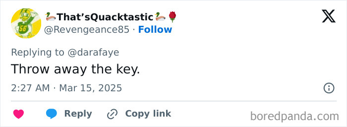 Tweet screenshot responding to police officer incident with a message saying, "Throw away the key. Tweet screenshot responding to police officer incident with a message saying, "Throw away the key.