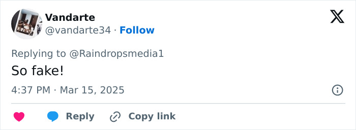 Tweet with the text "So fake!" by user Vandarte34 on March 15, 2025, related to track star baton assault charge. Tweet with the text "So fake!" by user Vandarte34 on March 15, 2025, related to track star baton assault charge.