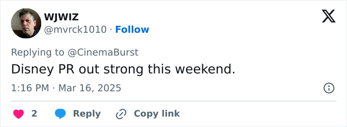 Tweet about Disney PR, discussing strong presence amid reviews of the new Snow White live-action. Tweet about Disney PR, discussing strong presence amid reviews of the new Snow White live-action.