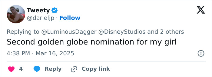 Tweet discussing a Golden Globe nomination, related to Disney's live-action Snow White. Tweet discussing a Golden Globe nomination, related to Disney's live-action Snow White.