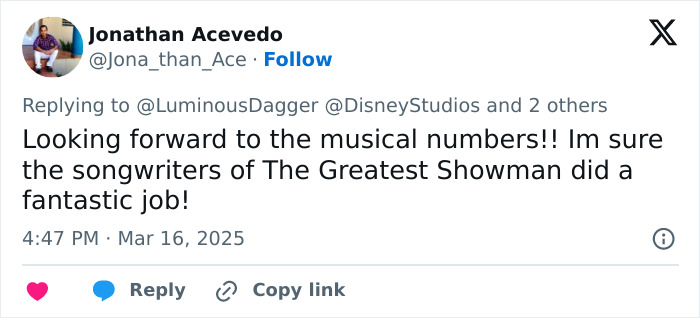 Tweet discussing anticipation for musical numbers in 'woke' Snow White live-action by Disney. Tweet discussing anticipation for musical numbers in 'woke' Snow White live-action by Disney.