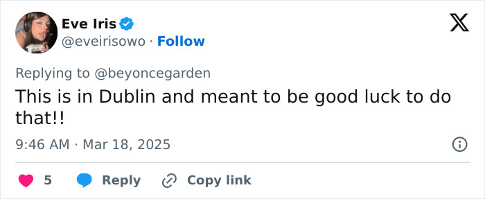 Tweet screenshot about Dublin's statue tradition, mentions luck. Tweet screenshot about Dublin's statue tradition, mentions luck.