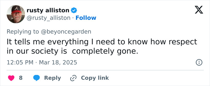 Tweet expressing frustration about societal respect being gone, related to debate on male tourists and a female statue. Tweet expressing frustration about societal respect being gone, related to debate on male tourists and a female statue.