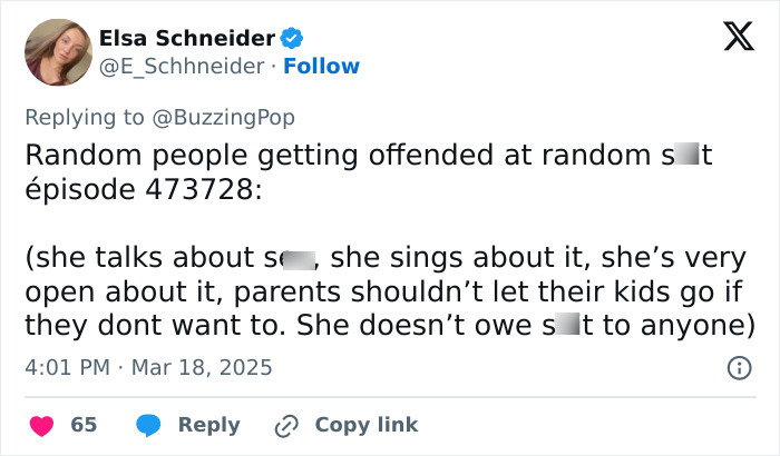 Tweet screenshot discussing Sabrina Carpenter's controversial performance content. Tweet screenshot discussing Sabrina Carpenter's controversial performance content.
