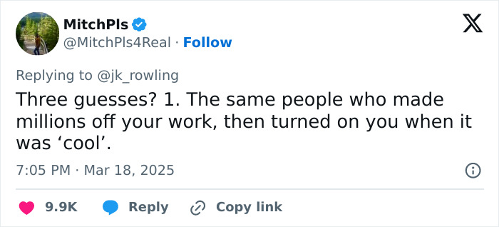 Tweet responding to J.K. Rowling, referencing "Harry Potter" stars and their actions post-fame. Tweet responding to J.K. Rowling, referencing "Harry Potter" stars and their actions post-fame.