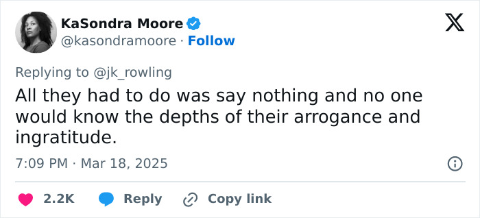 KaSondra Moore's tweet in response to J.K. Rowling, expressing discontent with 'Harry Potter' stars. KaSondra Moore's tweet in response to J.K. Rowling, expressing discontent with 'Harry Potter' stars.