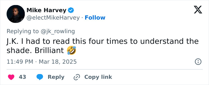 Tweet reaction to J.K. Rowling's comment about Harry Potter stars and movies, featuring a clever response and laughing emoji. Tweet reaction to J.K. Rowling's comment about Harry Potter stars and movies, featuring a clever response and laughing emoji.