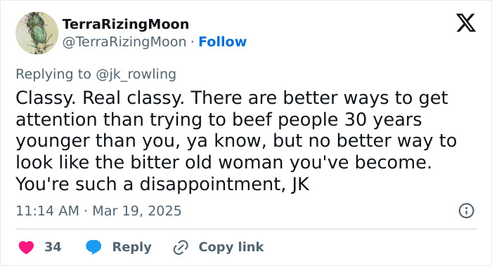 Tweet criticizing J.K. Rowling, calling her a "disappointment" and "bitter" regarding comments on 'Harry Potter' stars. Tweet criticizing J.K. Rowling, calling her a "disappointment" and "bitter" regarding comments on 'Harry Potter' stars.