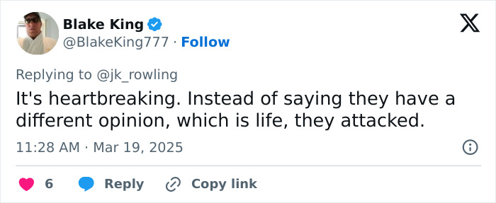 Tweet responding to J.K. Rowling's accusation about Harry Potter stars, expressing heartbreak over perceived attacks. Tweet responding to J.K. Rowling's accusation about Harry Potter stars, expressing heartbreak over perceived attacks.