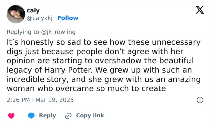 Tweet criticizing J.K. Rowling's opinion and its impact on the Harry Potter legacy. Tweet criticizing J.K. Rowling's opinion and its impact on the Harry Potter legacy.