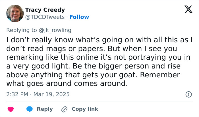 Tweet criticizing J.K. Rowling's remarks about 'Harry Potter' stars. Tweet criticizing J.K. Rowling's remarks about 'Harry Potter' stars.