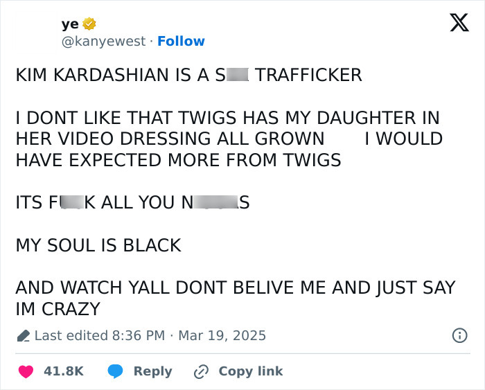 Kanye West alleging Kim Kardashian of trafficking in social media post. Kanye West alleging Kim Kardashian of trafficking in social media post.