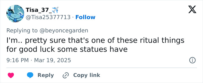 Tweet reply discussing the ritual of groping statues for good luck. Tweet reply discussing the ritual of groping statues for good luck.