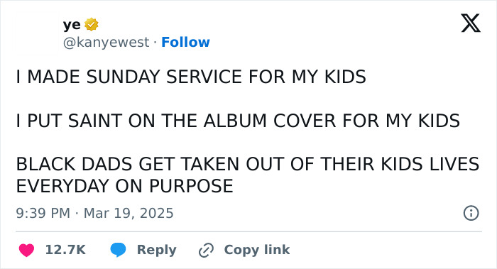 Kanye West tweet discussing involvement with his kids and issues faced by black fathers. Kanye West tweet discussing involvement with his kids and issues faced by black fathers.